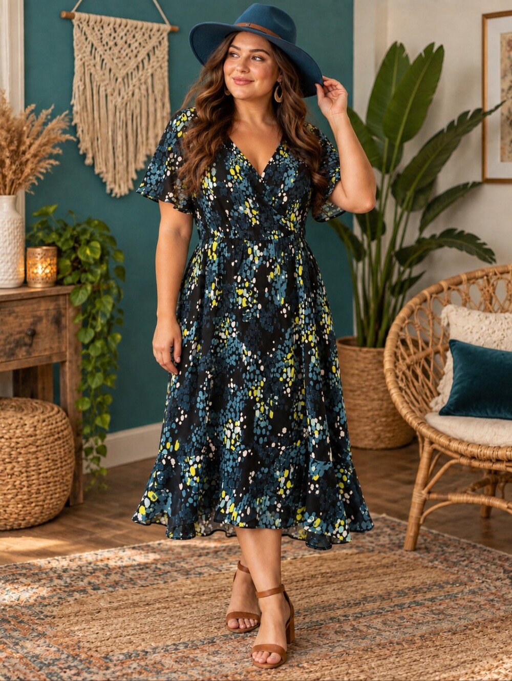 torrid Black Wrap Maxi Dress with Teal and Yellow Dot Print